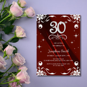 Chic Silver Floral Frame Burgundy 30. Geburtstag Einladung