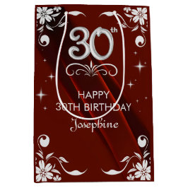 Chic Silver Floral Frame Burgundy 30. Geburtstag Mittlere Geschenktüte