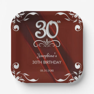 Chic Silver Floral Frame Burgundy 30. Geburtstag Pappteller