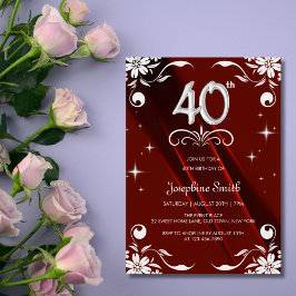 Chic Silver Floral Frame Burgundy 40. Geburtstag Einladung