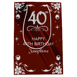 Chic Silver Floral Frame Burgundy 40. Geburtstag Mittlere Geschenktüte