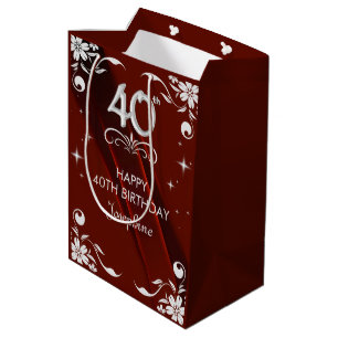 Chic Silver Floral Frame Burgundy 40. Geburtstag Mittlere Geschenktüte