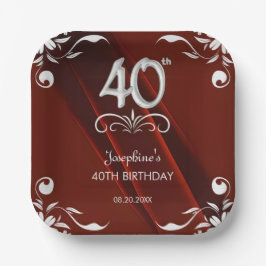 Chic Silver Floral Frame Burgundy 40. Geburtstag Pappteller