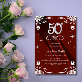 Chic Silver Floral Frame Burgundy 50. Geburtstag Einladung