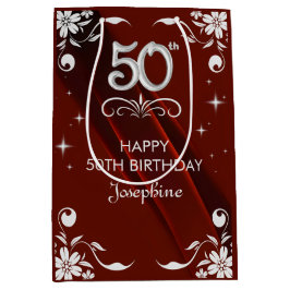 Chic Silver Floral Frame Burgundy 50. Geburtstag Mittlere Geschenktüte