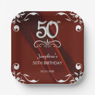 Chic Silver Floral Frame Burgundy 50. Geburtstag Pappteller