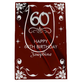 Chic Silver Floral Frame Burgundy 60. Geburtstag Mittlere Geschenktüte