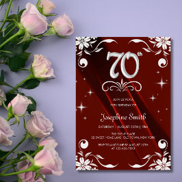 Chic Silver Floral Frame Burgundy 70. Geburtstag Einladung