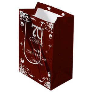 Chic Silver Floral Frame Burgundy 70. Geburtstag Mittlere Geschenktüte