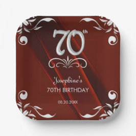 Chic Silver Floral Frame Burgundy 70. Geburtstag Pappteller