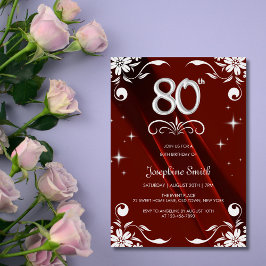 Chic Silver Floral Frame Burgundy 80. Geburtstag Einladung