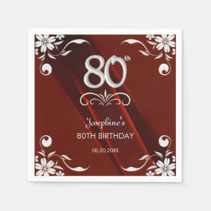 Chic Silver Floral Frame Burgundy 80. Geburtstag Serviette