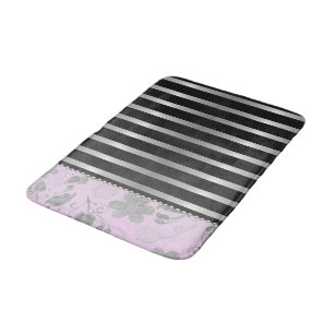Chic Silver Floral on Pink and Silver Stripes Badematte