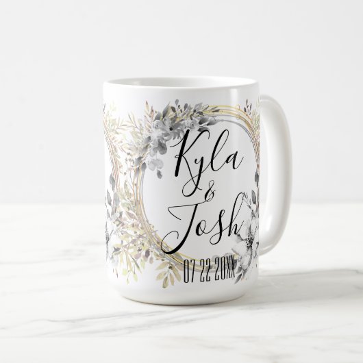 Chic Silver Floral Wreath Wedding Personalisiert Kaffeetasse (VorderseiteRechts)