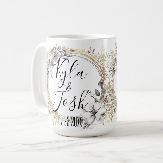 Chic Silver Floral Wreath Wedding Personalisiert Kaffeetasse (Vorderseite Links)