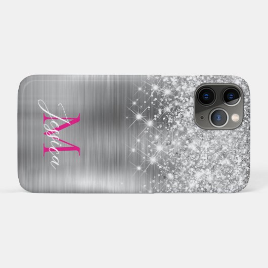 Chic Silver Foil Faux Glitter Hot Pink Monogram Case-Mate iPhone Hülle (Rückseite (Horizontal))