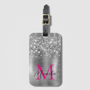 Chic Silver Foil Faux Glitter Hot Pink Monogram Gepäckanhänger
