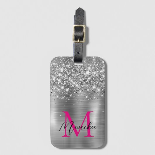 Chic Silver Foil Faux Glitter Hot Pink Monogram Gepäckanhänger (Vorderseite Vertikal)