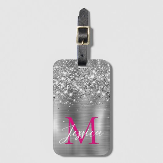 Chic Silver Foil Faux Glitter Hot Pink Monogram Gepäckanhänger (Vorderseite Vertikal)
