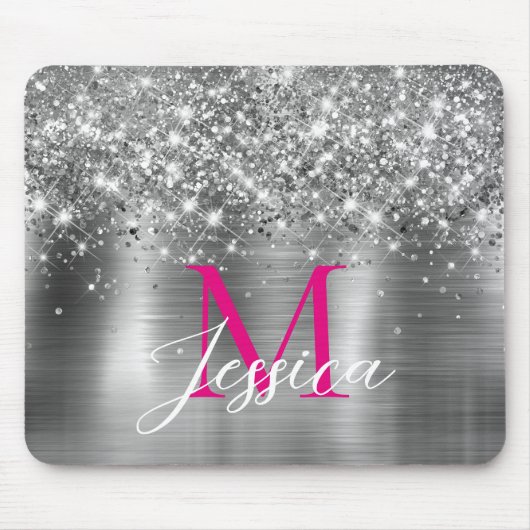 Chic Silver Foil Faux Glitter Hot Pink Monogram Mousepad (Vorne)