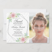 Chic Silver Foil Floral Foto Sweet 16 Birthday Einladung (Vorderseite)