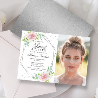 Chic Silver Foil Floral Foto Sweet 16 Birthday Einladung