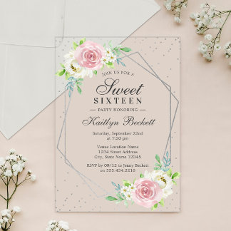 Chic Silver Foil Floral Sweet 16 Geburtstag Acryleinladungen