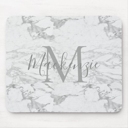 Chic Silver Foil Marmor Monogram Mousepad (Vorne)