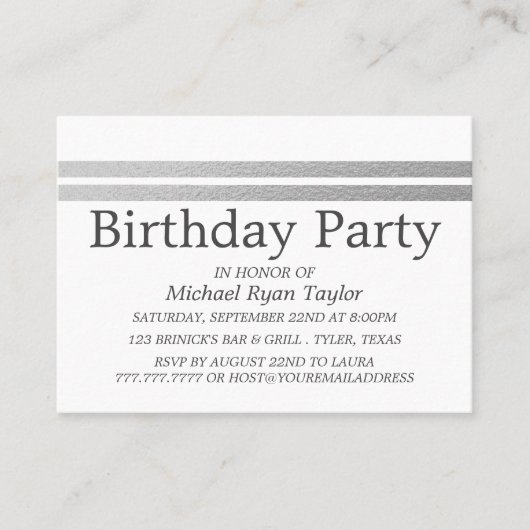 Chic Silver Foil Stripes Birthday Party Ticket (Vorderseite)