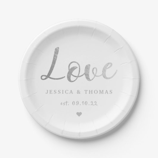 Chic Silver Foil Typografy Script Liebe Wedding Pappteller (Vorderseite)