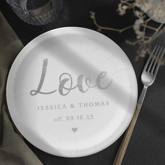 Chic Silver Foil Typografy Script Liebe Wedding Pappteller