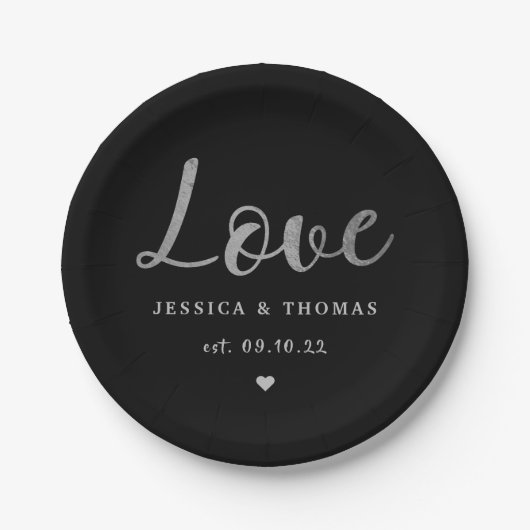 Chic Silver Foil Typografy Script Liebe Wedding Pappteller (Vorderseite)