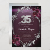 Chic Silver Frame Burgundy Rose 35. Geburtstag Einladung (Vorne/Hinten)