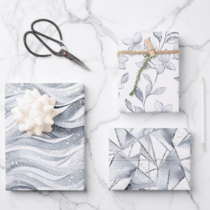 Chic Silver Glam Abstrakt und floraler Geburtstag Geschenkpapier Set