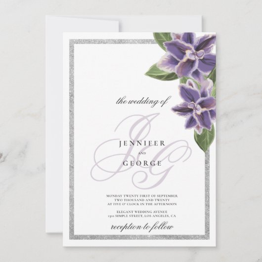 Chic silver glitter purple lavender orchid wedding einladung (Vorderseite)