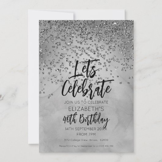 Chic Silver Glitzer 40. Geburtstag Einladung (Vorderseite)