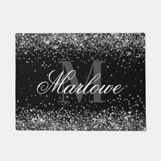 Chic Silver Glitzer Black and White Monogram Fußmatte (Vorderseite)