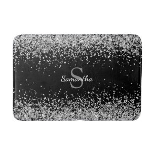 Chic Silver Glitzer Confetti Monogram Black Badematte