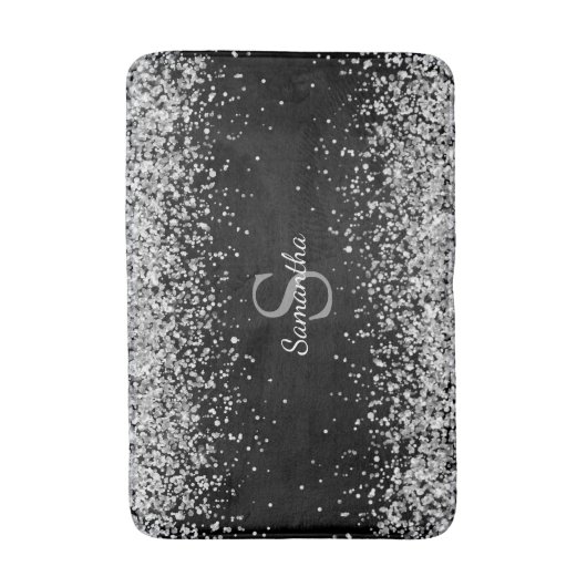 Chic Silver Glitzer Confetti Monogram Black Badematte (Vorderseite Vertikal)