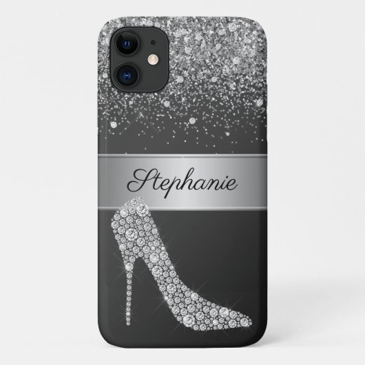 Chic Silver Glitzer Diamond High Heel Shoe Name Case-Mate iPhone Hülle (Rückseite)