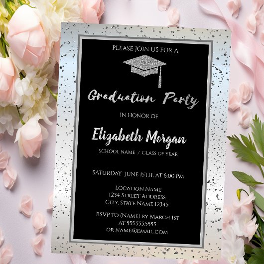 Chic Silver Glitzer Graduation Cap, Confetti Einladung