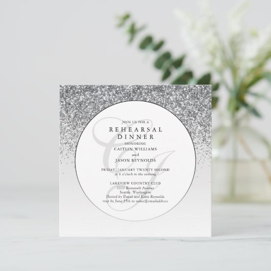 Chic Silver Glitzer Hochzeit Probe Dinner (Stehend Vorderseite)