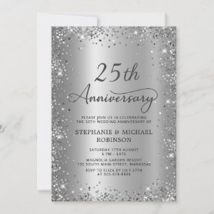 Chic Silver Glitzer Metal 25. Hochzeitstag Einladung