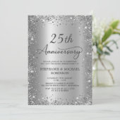 Chic Silver Glitzer Metal 25. Hochzeitstag Einladung (Stehend Vorderseite)