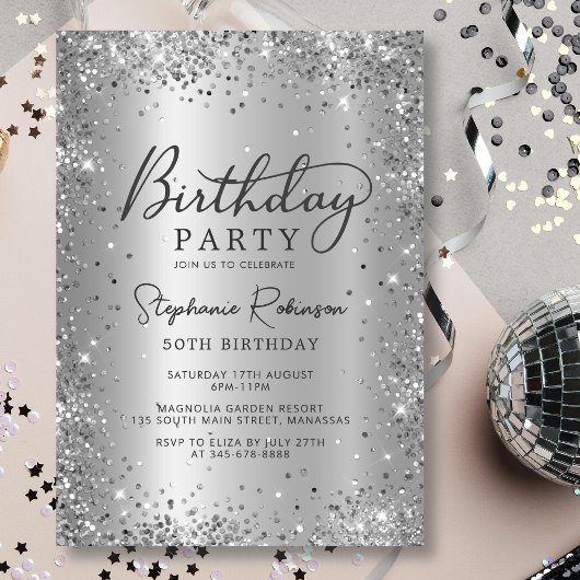 Chic Silver Glitzer Metal Foil 50. Geburtstag Einladung