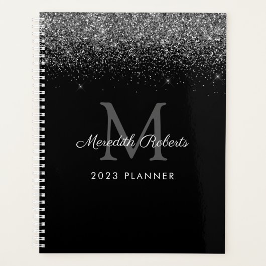 Chic Silver Glitzer Monogram Black 2023 Planer (Vorderseite)