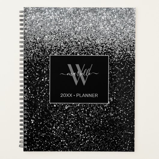 Chic Silver Glitzer Monogram Name 2022 Planner Planer (Vorderseite)