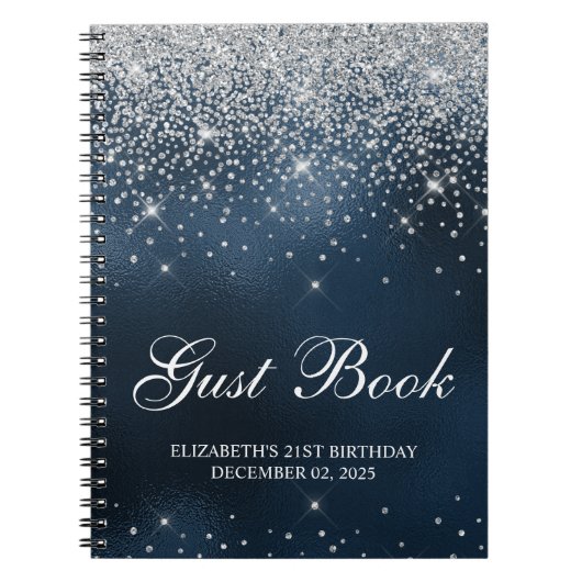Chic Silver Glitzer Navy Blue 21st Bday Gästebuch Notizblock (Vorderseite)