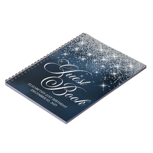 Chic Silver Glitzer Navy Blue 21st Bday Gästebuch Notizblock (Linke Seite)