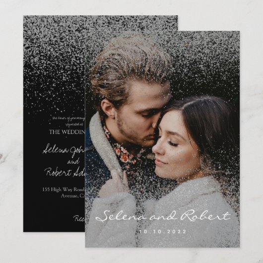 Chic Silver Glitzer Overlay Foto Wedding Einladung (Vorne/Hinten)